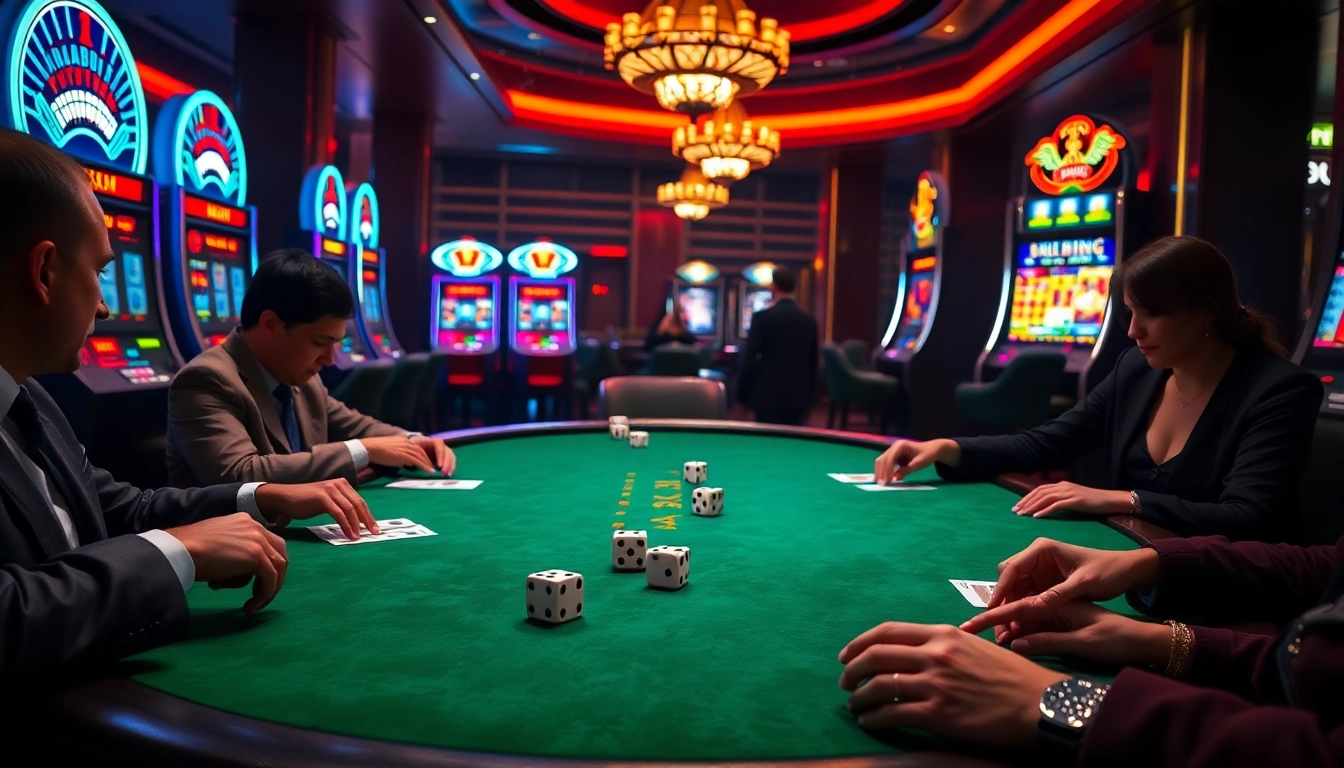 Experience excitement at the KK55 poker table surrounded by vibrant casino lights and action.