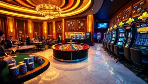 Experience luxury gambling at https://gk88.in.net/ with players engaging at vibrant poker and roulette tables.