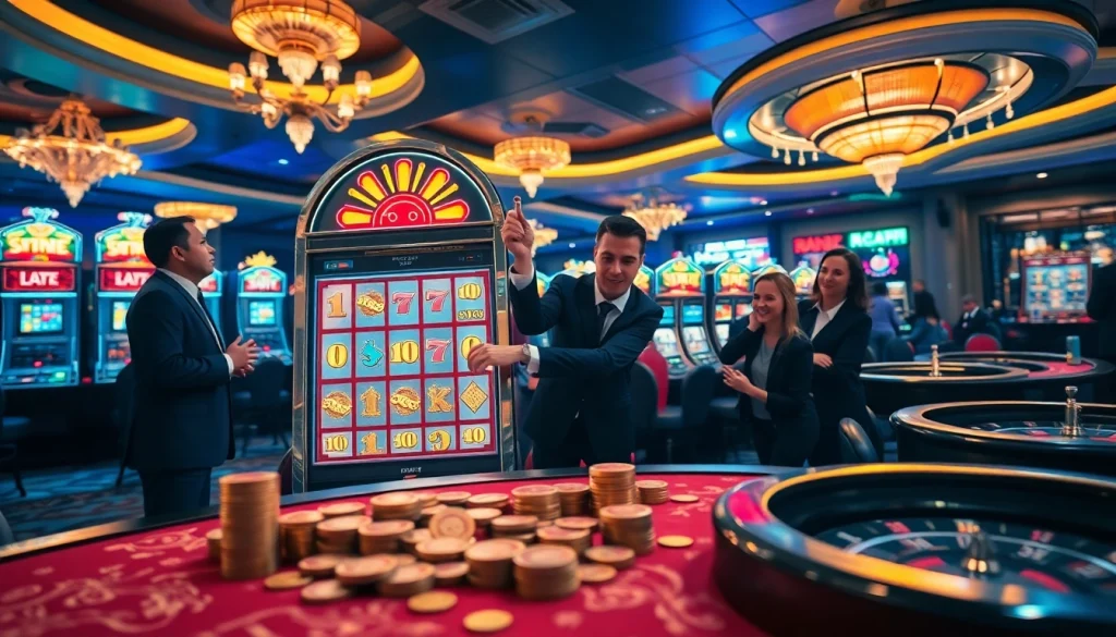 Excited player wins on a SLOT machine in a vibrant casino, showcasing luxury and thrill.