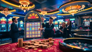 Excited player wins on a SLOT machine in a vibrant casino, showcasing luxury and thrill.