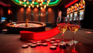 Players using a red light therapy belt for relaxation amidst vibrant casino gaming.