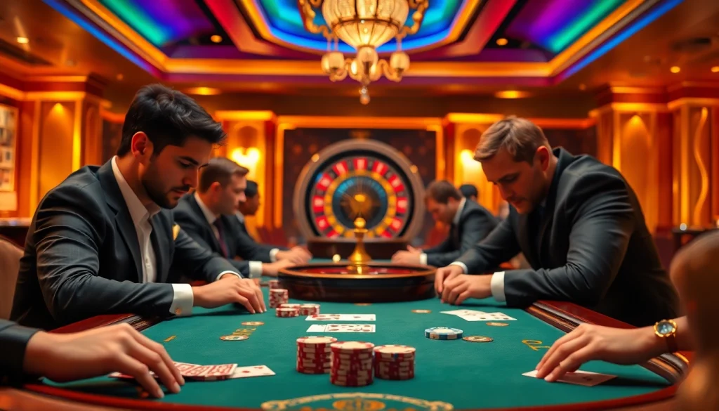Players enjoying a thrilling game at 8qbet's vibrant casino table, showcasing excitement and luxury.