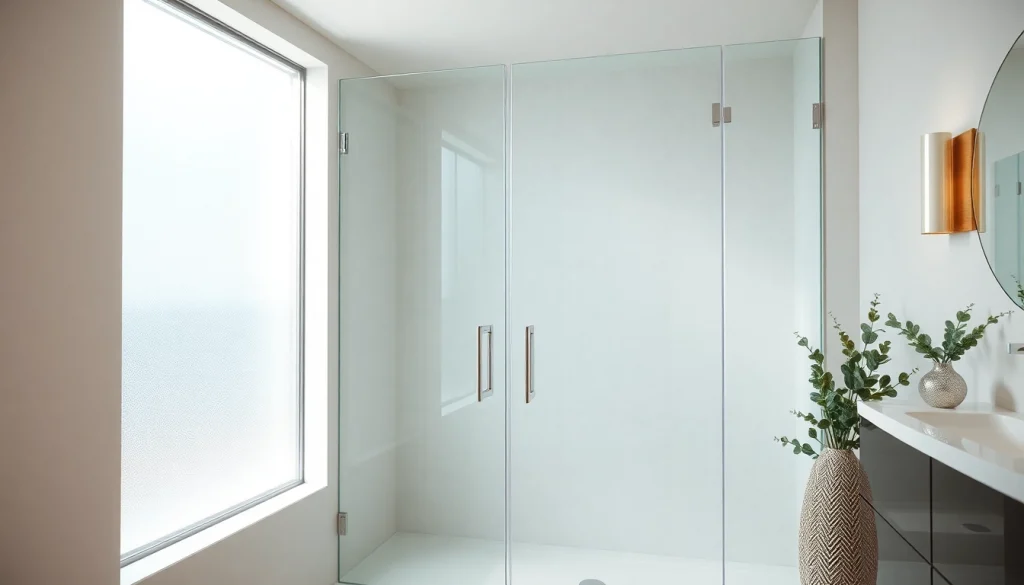 Stylish glass shower doors enhancing a modern bathroom's elegance and spacious feel.