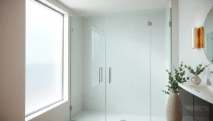Stylish glass shower doors enhancing a modern bathroom's elegance and spacious feel.