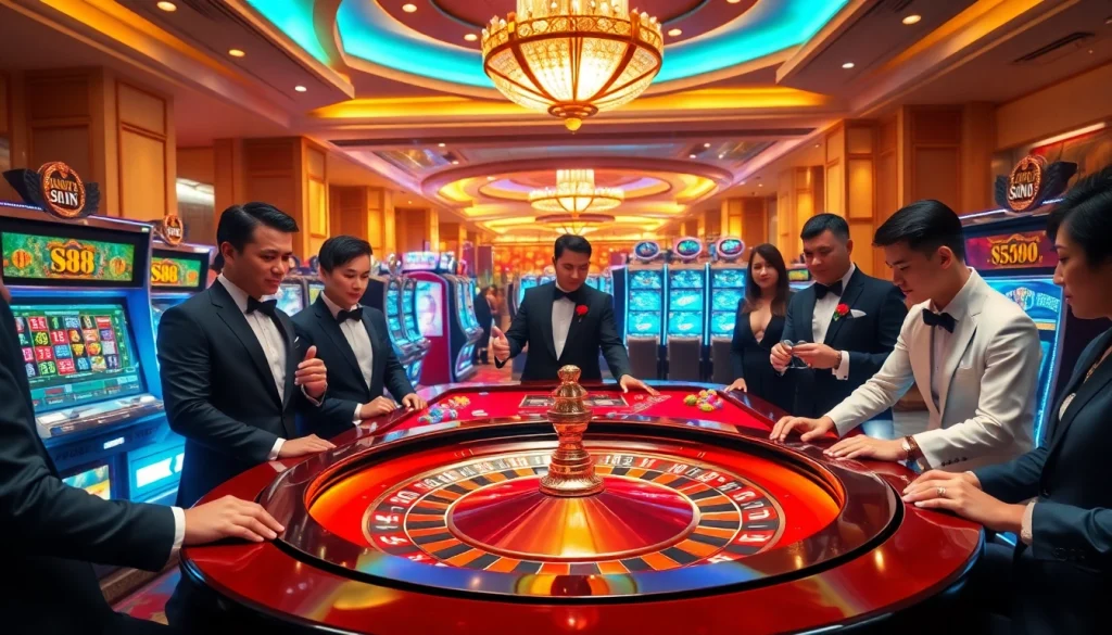 Players engaging in high-stakes action at a luxurious s88 casino table with vibrant colors.