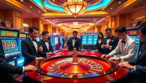 Players engaging in high-stakes action at a luxurious s88 casino table with vibrant colors.