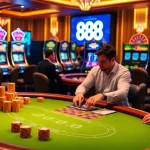 Engage in high-stakes blackjack at u 888 casino, surrounded by vibrant slot machines and roulette excitement.