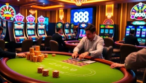 Engage in high-stakes blackjack at u 888 casino, surrounded by vibrant slot machines and roulette excitement.
