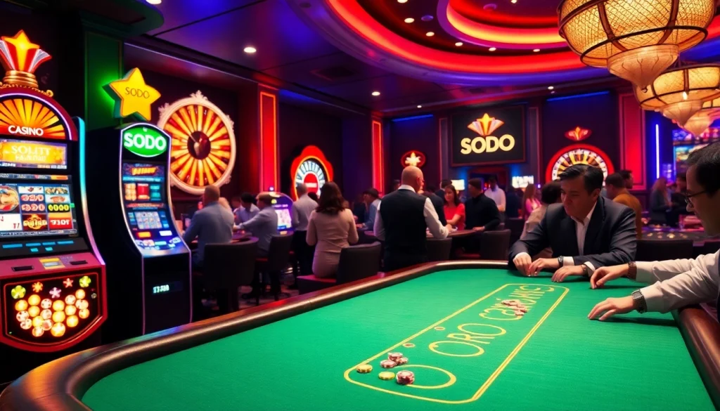 SODO casino scene featuring enthusiastic gamblers at poker tables and illuminated slot machines.