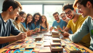 ALPHAオリパ おすすめコレクターズカードについて熱心に話し合う友人たちの情景。