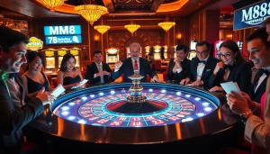 Experience the thrill of gameplay at MM88's luxurious casino with roulette and excited players.