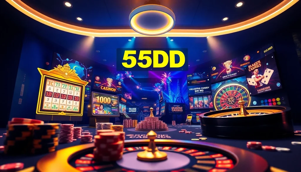 Experience 55DD's vibrant online betting platform showcasing slots, poker, and roulette games in a luxurious digital interface.