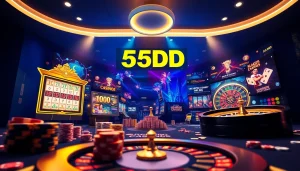 Experience 55DD's vibrant online betting platform showcasing slots, poker, and roulette games in a luxurious digital interface.