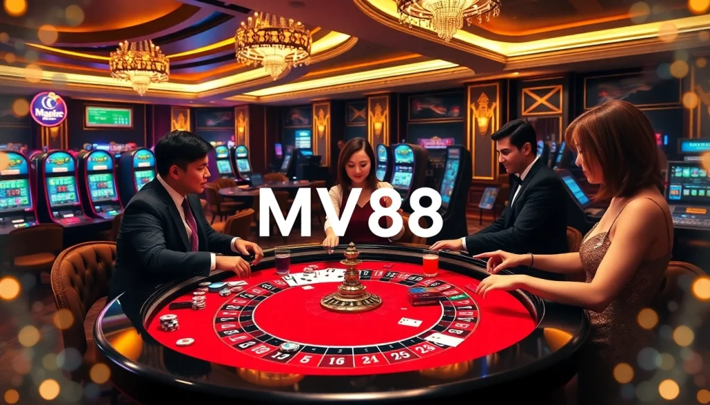 Players enjoying a dynamic casino scene at MV88, featuring vibrant roulette and slot machines.
