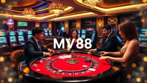 Players enjoying a dynamic casino scene at MV88, featuring vibrant roulette and slot machines.