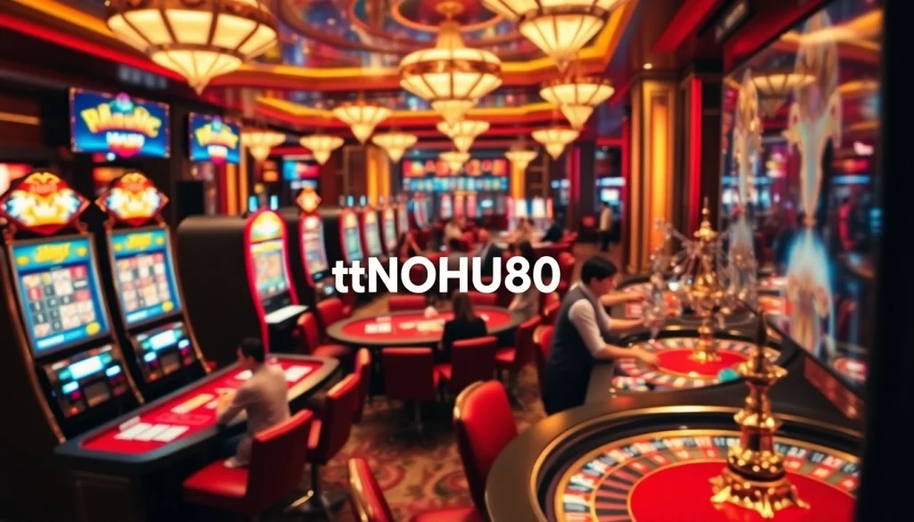 Experience the excitement of tải NOHU90 in a luxurious casino setting with engaging slot machines.