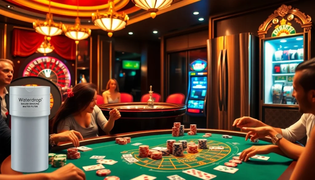 Engage in a vibrant casino scene with players at a poker table, featuring the Waterdrop DA29-00020B Refrigerator Water Filter in the backdrop.
