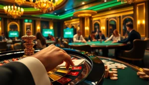 Engaged players placing bets at a luxurious RR88 casino table, highlighting excitement and strategy.