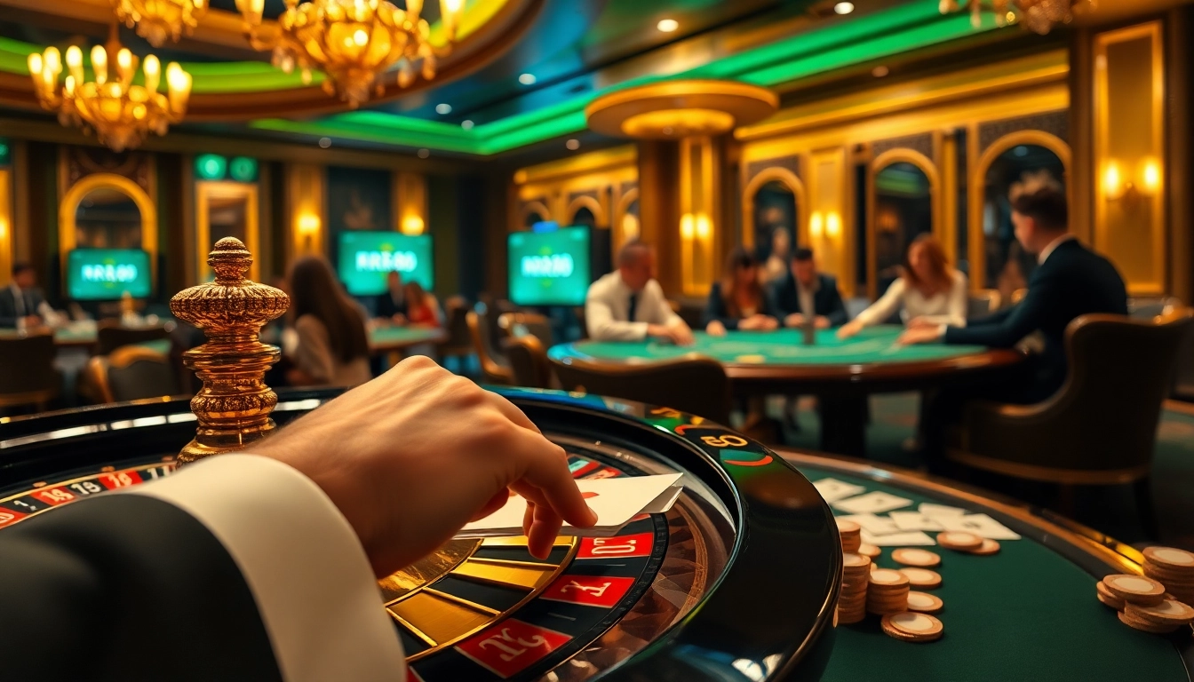 Engaged players placing bets at a luxurious RR88 casino table, highlighting excitement and strategy.