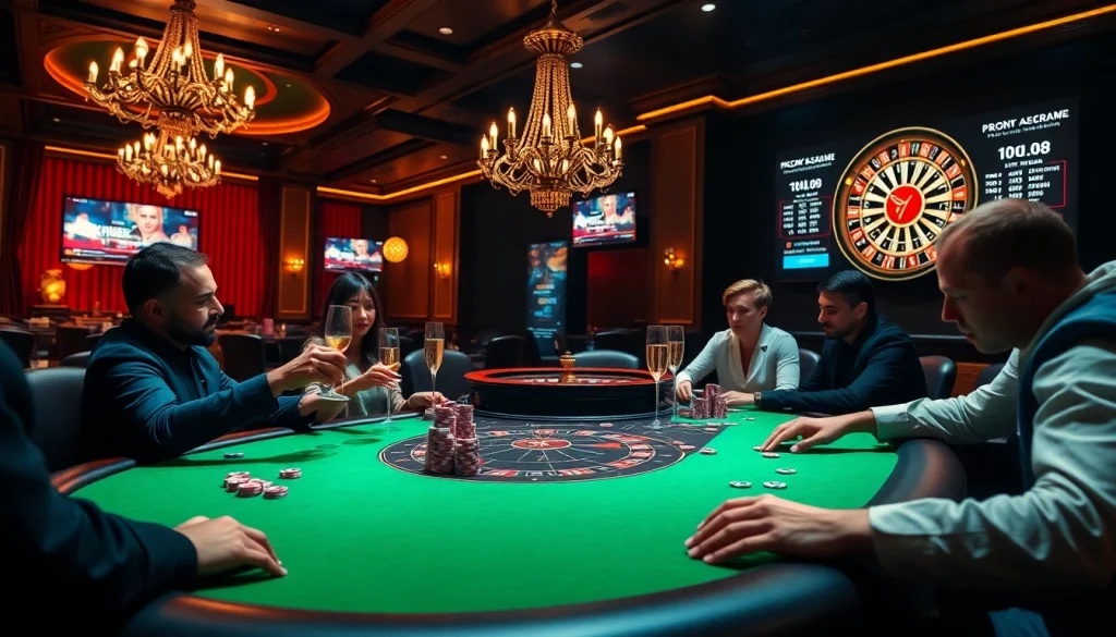 Engage in the thrilling k9k9 game at an upscale poker table surrounded by lively casino elements.