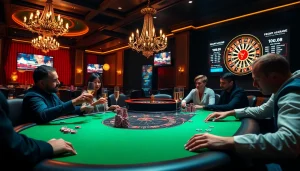 Engage in the thrilling k9k9 game at an upscale poker table surrounded by lively casino elements.