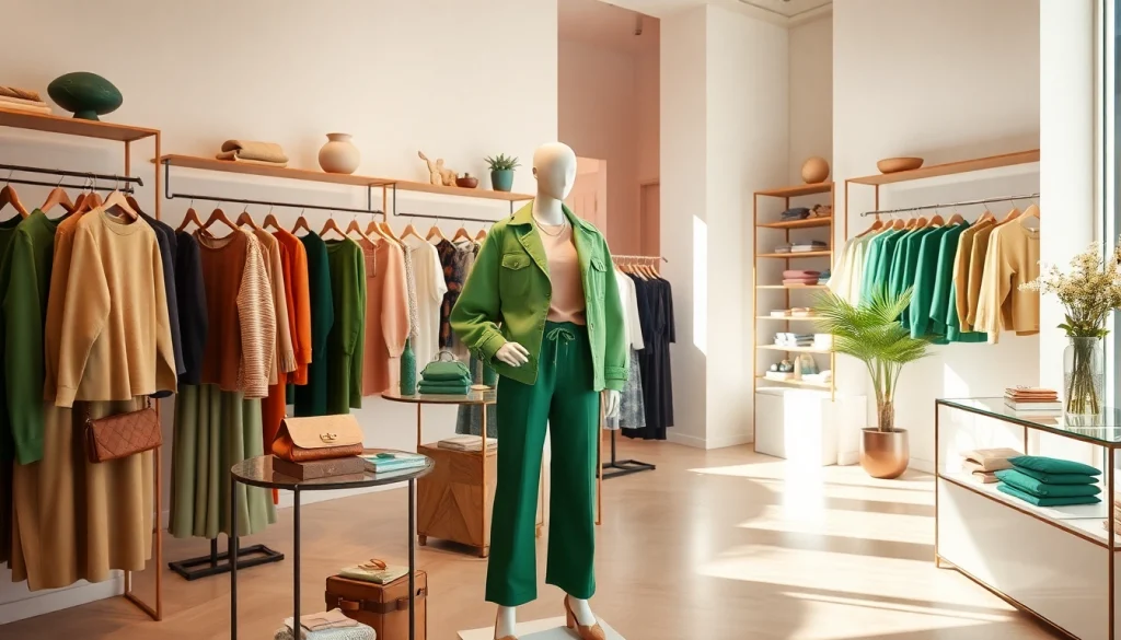 Stylish boutique display featuring trendy clothing in BOTOL169 (bottle green) for fashion enthusiasts.
