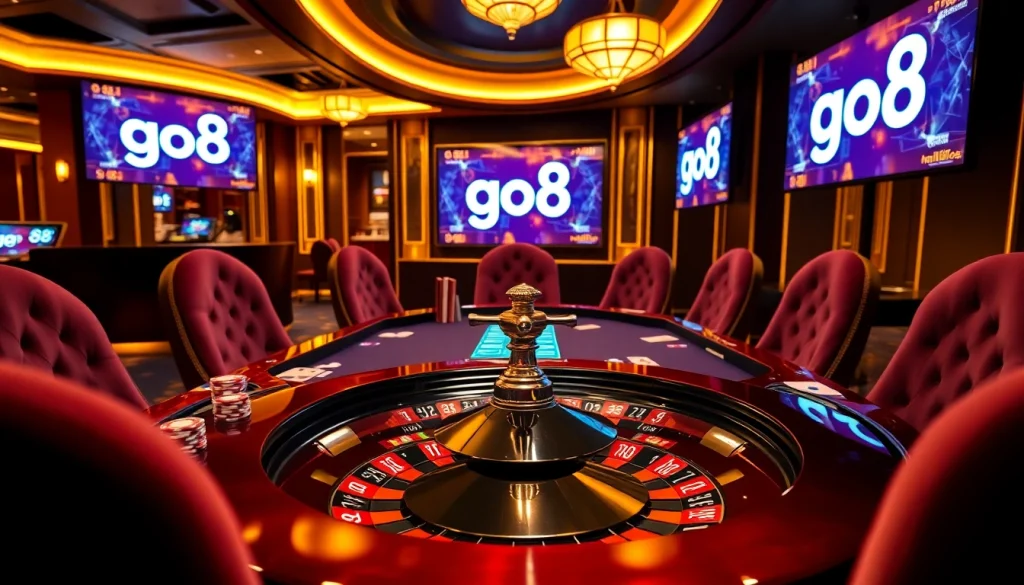 Players enjoying a high-stakes game at go8 luxury casino, with cards and chips prominently featured.
