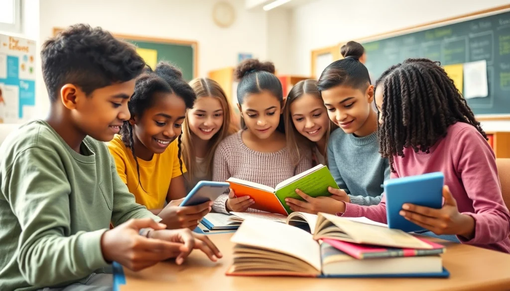 Engaging education scene highlighting diverse students collaborating in a modern classroom.