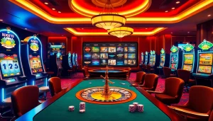 Experience excitement at https://co88.vin/ with an elegant casino scene featuring gaming tables and slot machines.