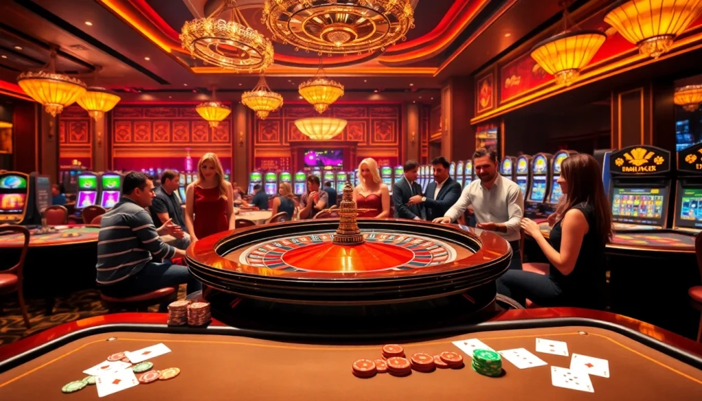 Engaged players enjoying a luxurious casino experience at https://kjcmh.com/, featuring roulette wheels and poker tables.