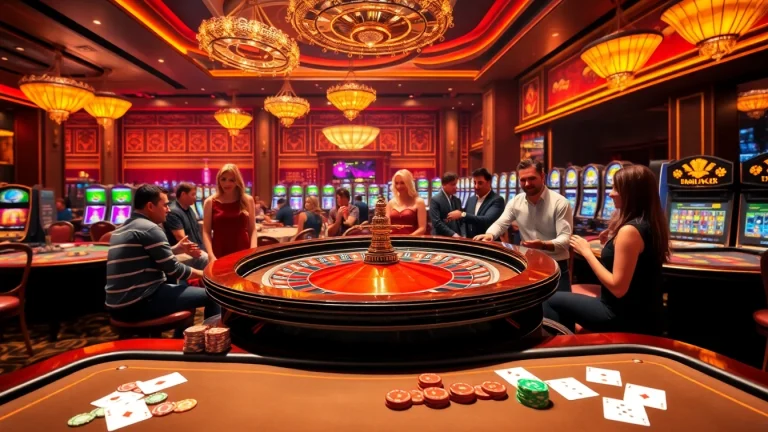 Engaged players enjoying a luxurious casino experience at https://kjcmh.com/, featuring roulette wheels and poker tables.