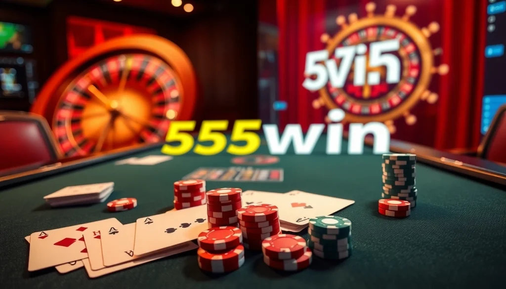 Experience winning excitement at 555win with vibrant poker chips and elegant gaming elements.