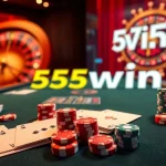 Experience winning excitement at 555win with vibrant poker chips and elegant gaming elements.