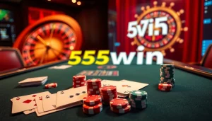 Experience winning excitement at 555win with vibrant poker chips and elegant gaming elements.