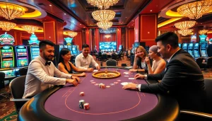 Experience excitement at https://go99pa.com with players enjoying a lively poker game in a luxury casino.