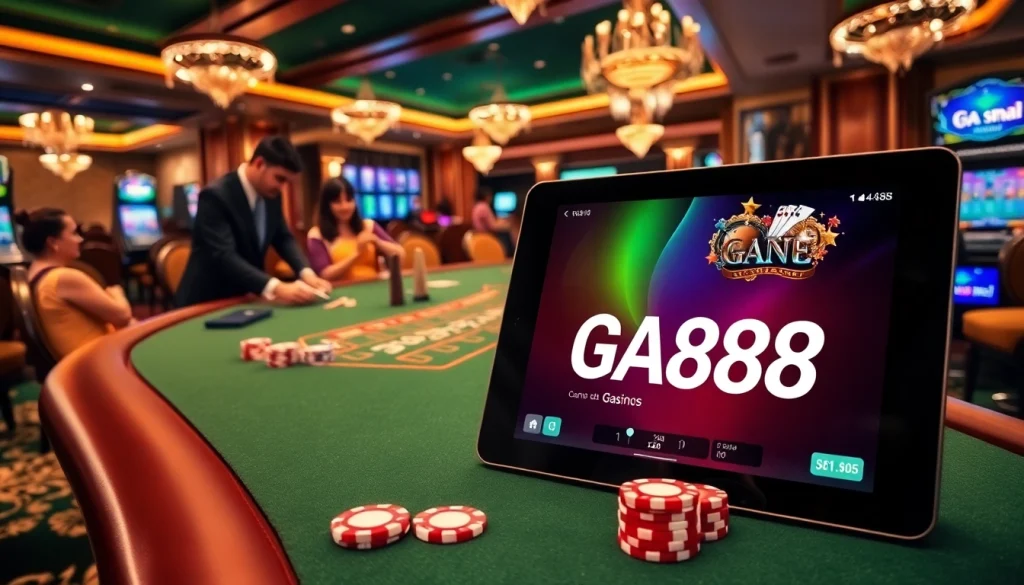 Exciting gambling session at GA888 casino with cards, chips, and a lively atmosphere.