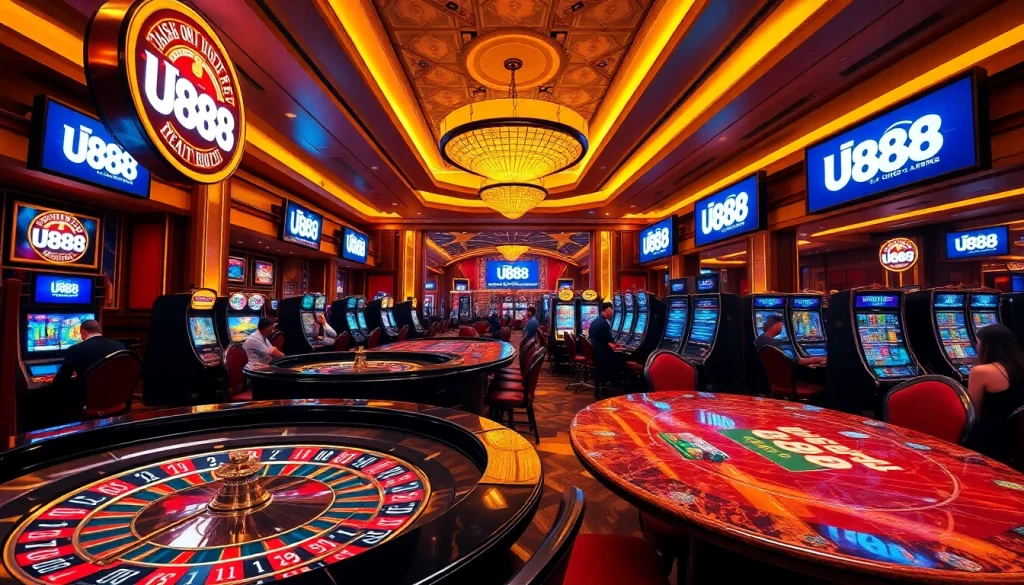 U888 players engaging with vibrant casino tables and thrilling gaming action.
