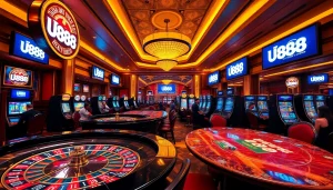 U888 players engaging with vibrant casino tables and thrilling gaming action.