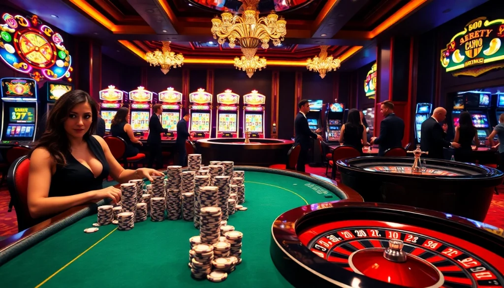 Experience the thrill of winning at 5z7776 com in a luxurious casino setting with poker tables and vibrant slot machines.