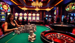 Experience the thrill of winning at 5z7776 com in a luxurious casino setting with poker tables and vibrant slot machines.