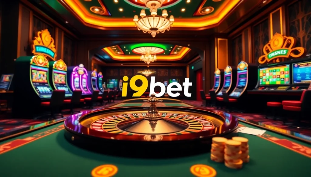 Engaging players at i9bet with vibrant slot machines and a dynamic roulette wheel.