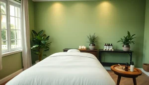 출장마사지용 편안한 가정 마사지 공간, 차분한 인테리어와 도구가 특징인 세팅.