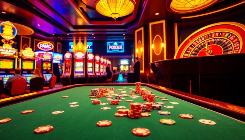 Experience luxury gambling at xx88 with poker chips and flashing slot machines.