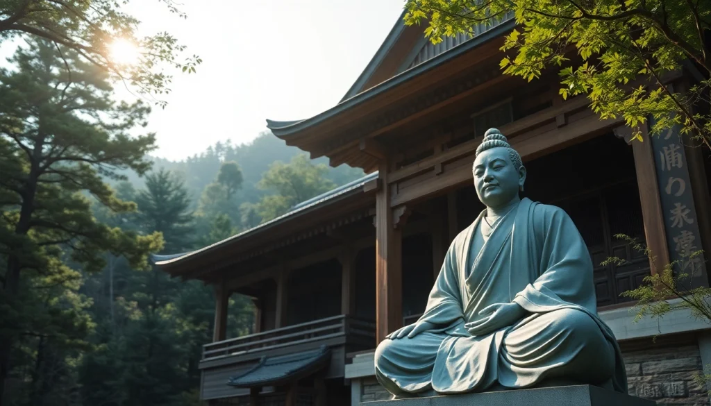 自然に囲まれた瞑想中の即身仏像と穏やかな寺院の風景。