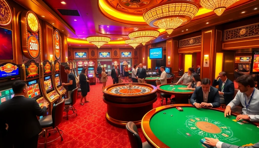 Players enjoying high-stakes games at winstrike69 casino with vibrant slot machines and a roulette wheel.