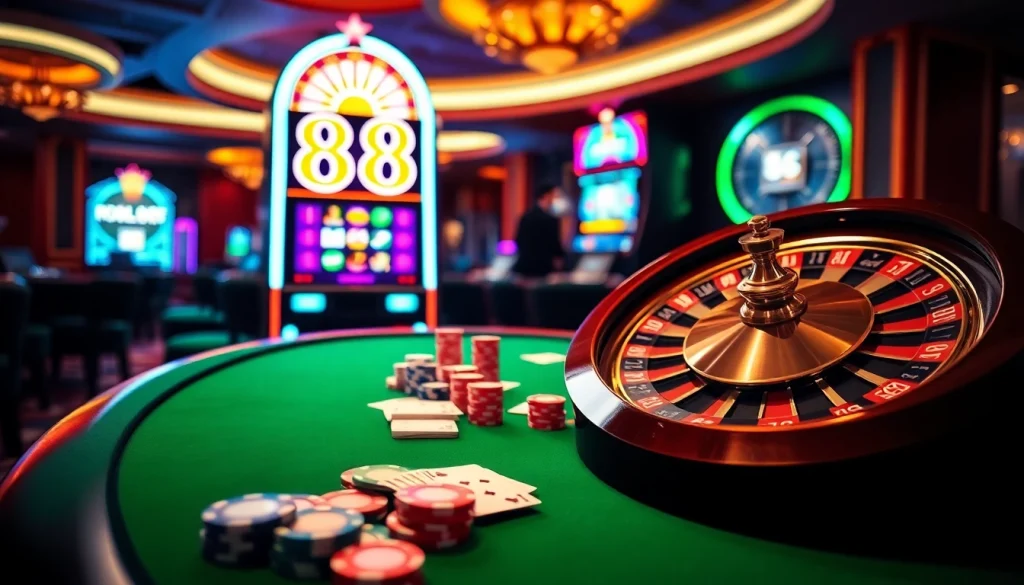 Experience thrilling casino action with 88i poker chips and a vibrant roulette wheel.
