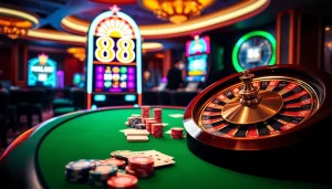 Experience thrilling casino action with 88i poker chips and a vibrant roulette wheel.