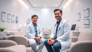 包茎手術 福岡: 治療オプションについて医師が説明している現代的なクリニックの相談シーン。