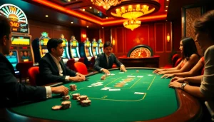 Experience the thrill of online gambling at https://j88com.today/ with a luxurious poker scene featuring tense players and vibrant colors.