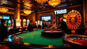 Experience the excitement of playing TR88 at a luxurious casino table under vibrant lighting.